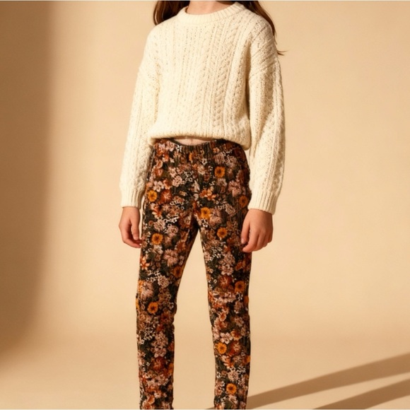 Zara Girls Velvet Ribbed Floral Leggings - Picture 1 of 5